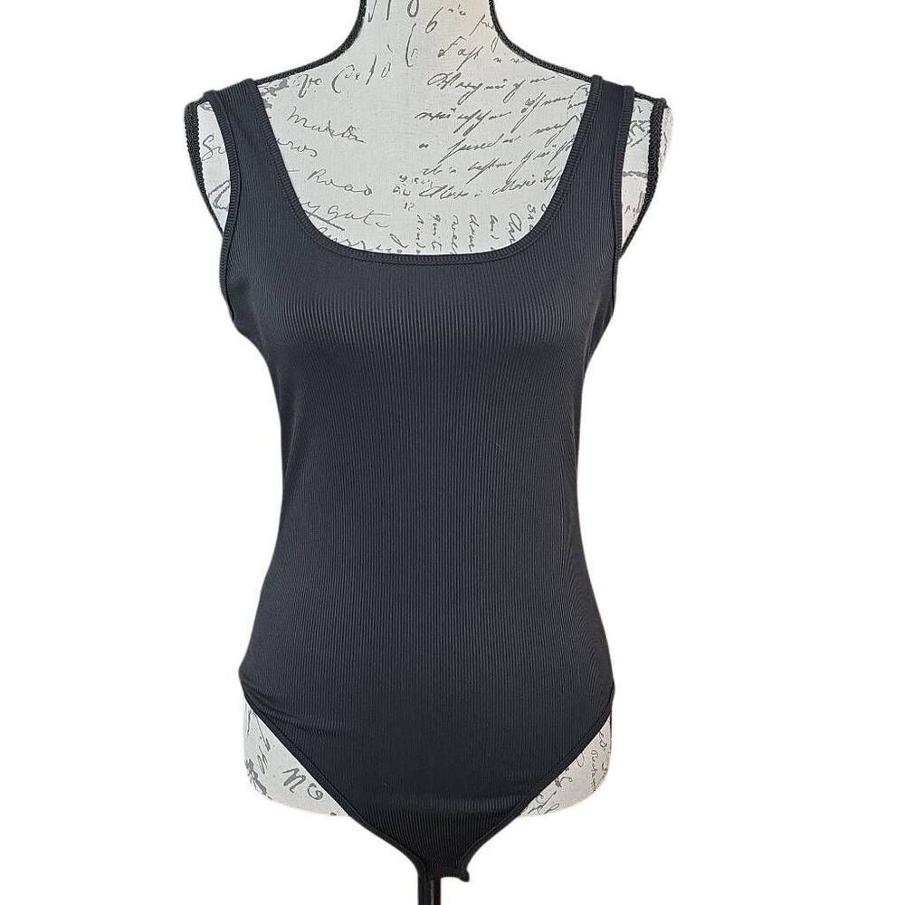 Women's Size Large Black Ribbed Scoop Neck Tank Thong Bodysuit
